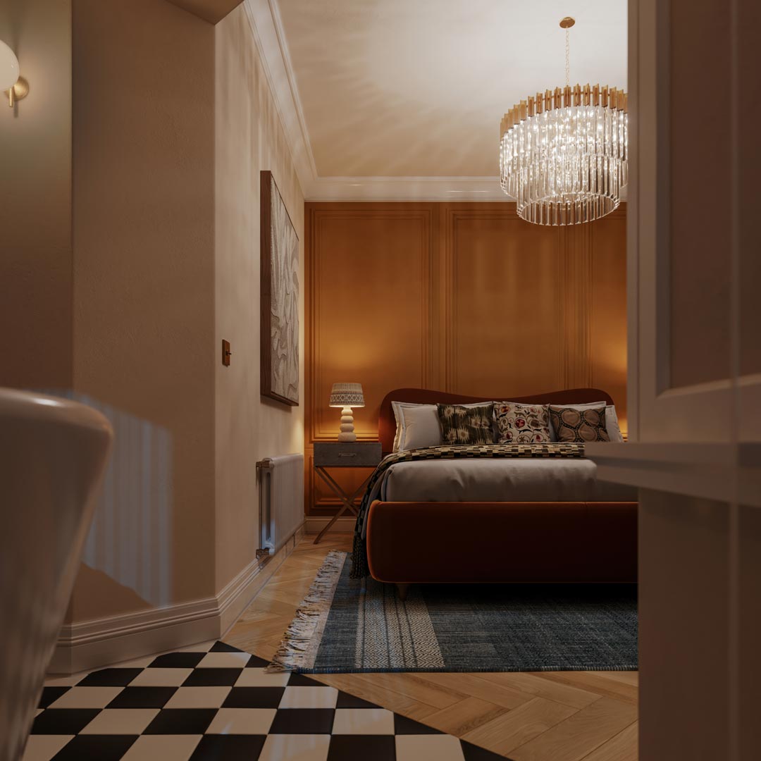 Cradel Haus, Grey Walls interior CGI visualisation, further view
