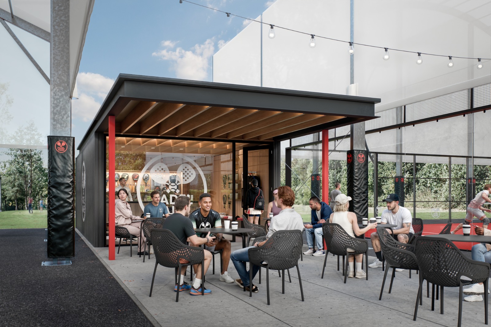 Padel Pairs clubhouse and café terrace CGI visualisation