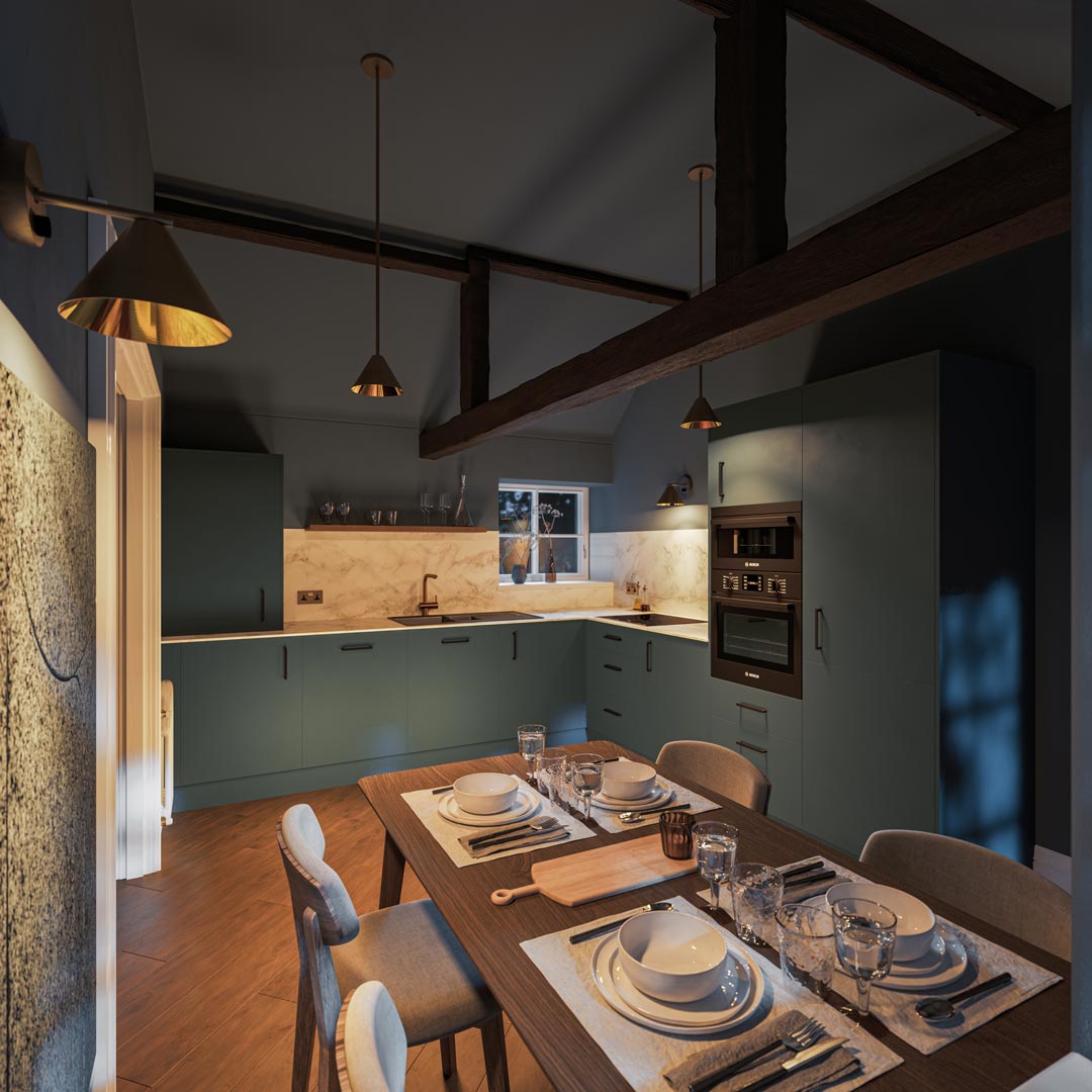 Sands Farm Cottages kitchen interior CGI visualisation, evening view