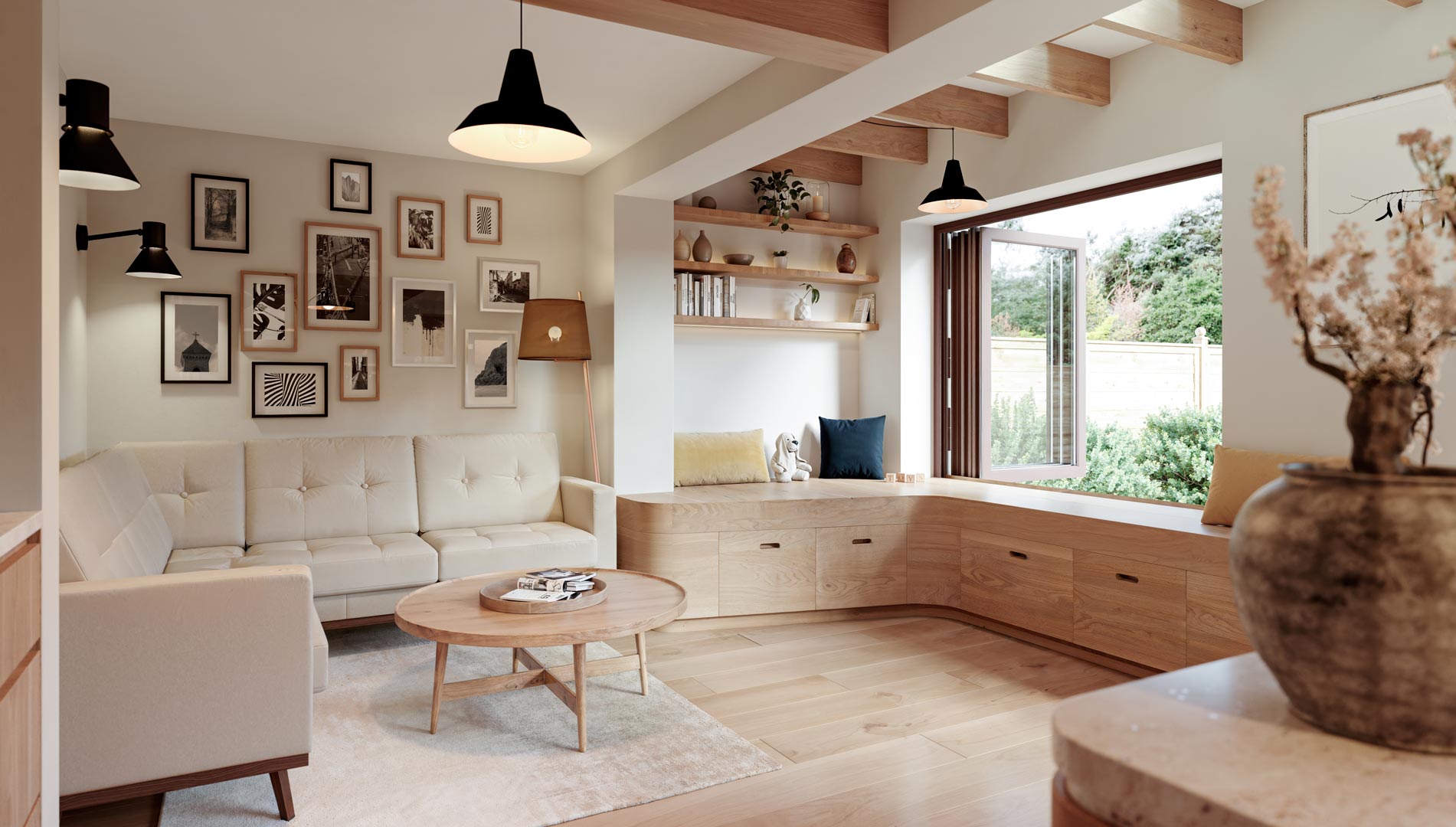 Wetherby residential extension living space CGI visualisation, cropped view